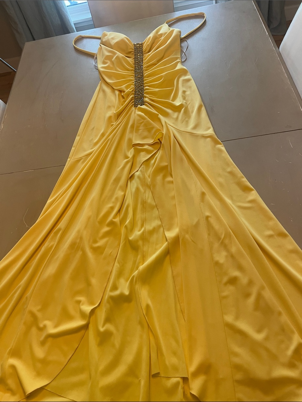Elegant Yellow Evening Gown with Beaded Detail